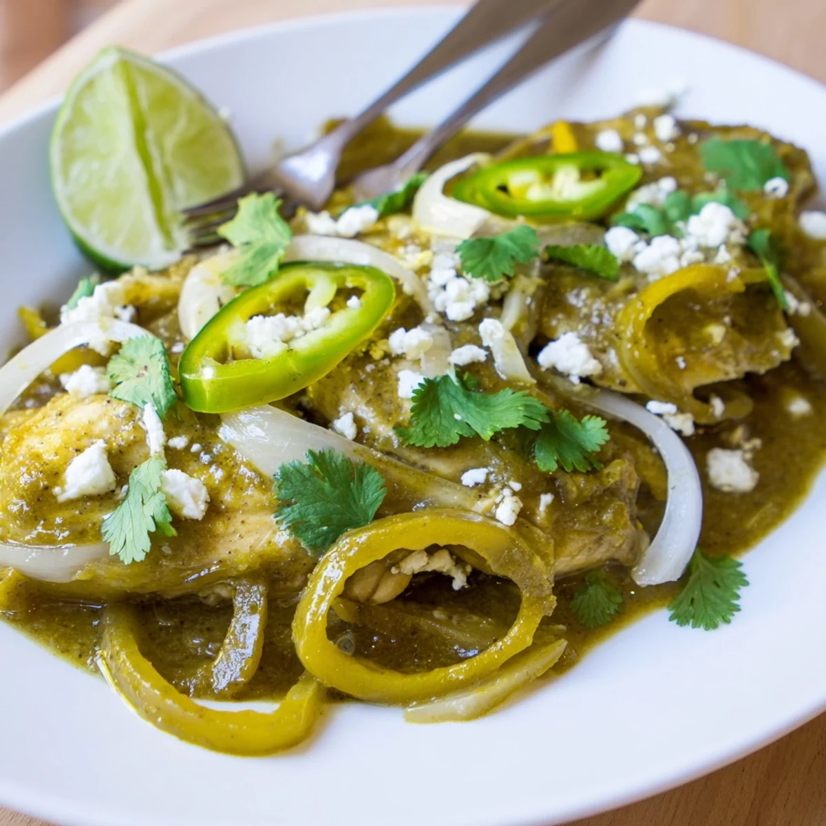 Juicy salsa verde chicken plated with crumbled queso fresco and lime wedges