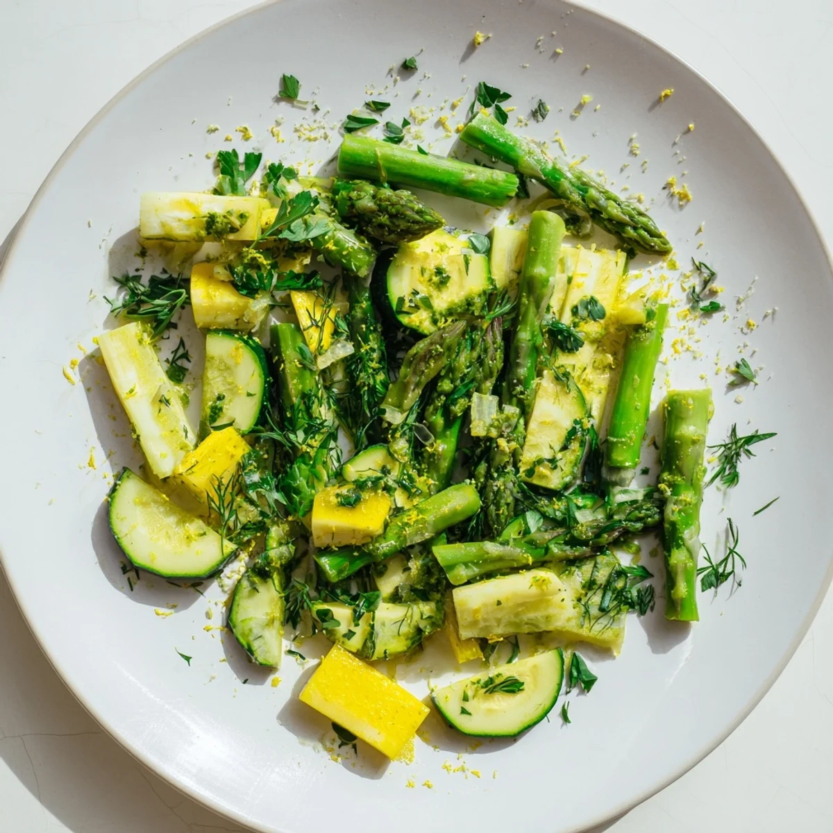 Sautéed asparagus with zucchini and yellow squash in a skillet with fresh herbs and garlic