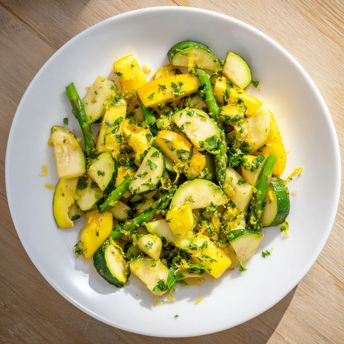 Colorful Mediterranean vegetable medley featuring tender asparagus, zucchini, and squash garnished with parsley and lemon zest