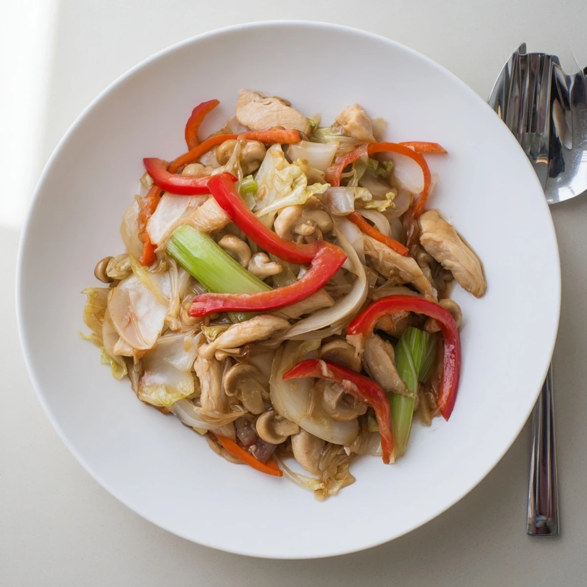 Golden Chop Suey stir-fry featuring tender chicken and colorful crisp vegetables in glossy savory sauce