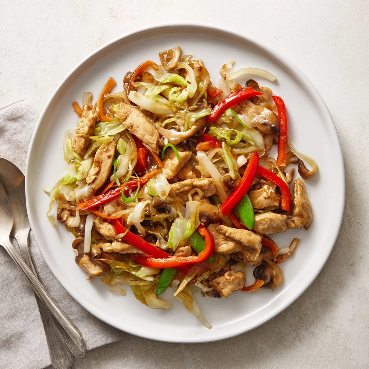 Vibrant vegetable Chop Suey tossed in thick brown sauce served over fluffy white rice