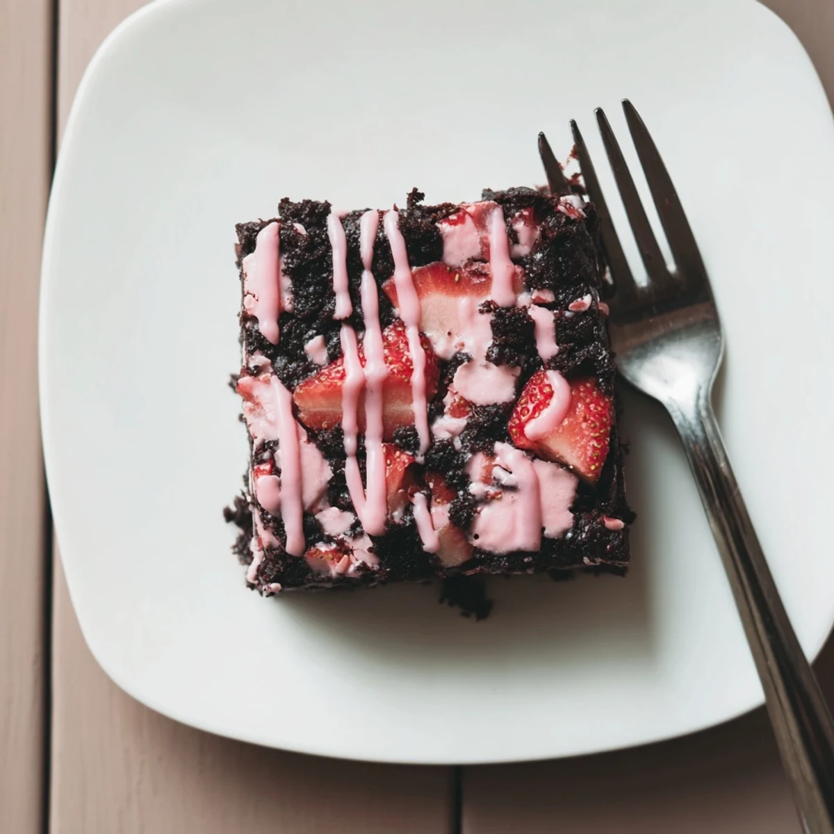 Fudgy homemade easy strawberry brownies topped with sweet strawberry glaze on a white plate