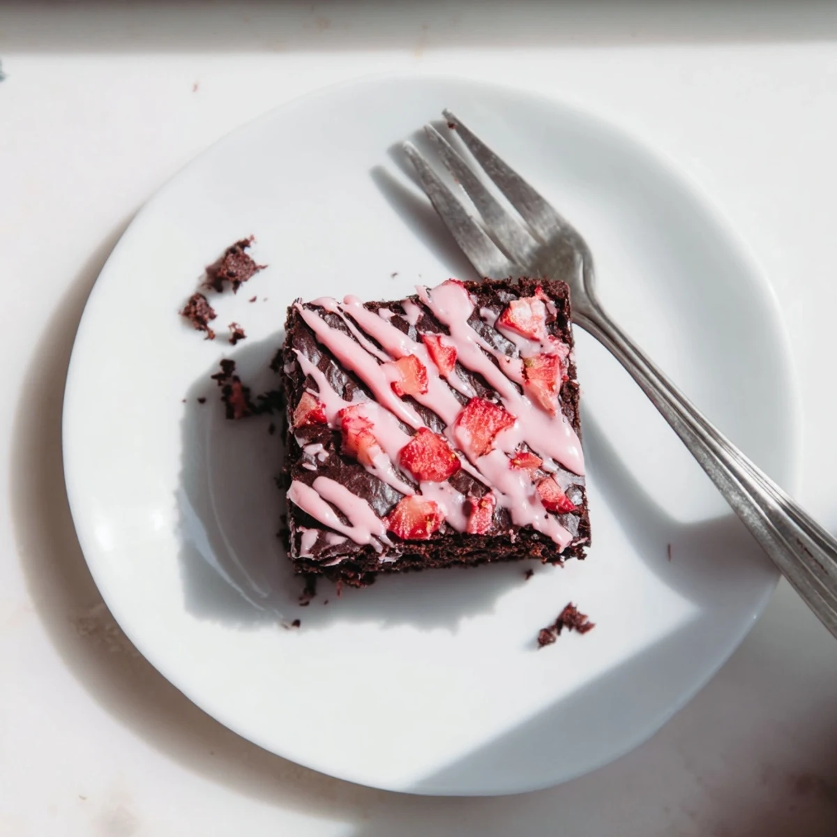 Square slices of easy strawberry brownies with pink glaze drizzle on wooden cutting board
