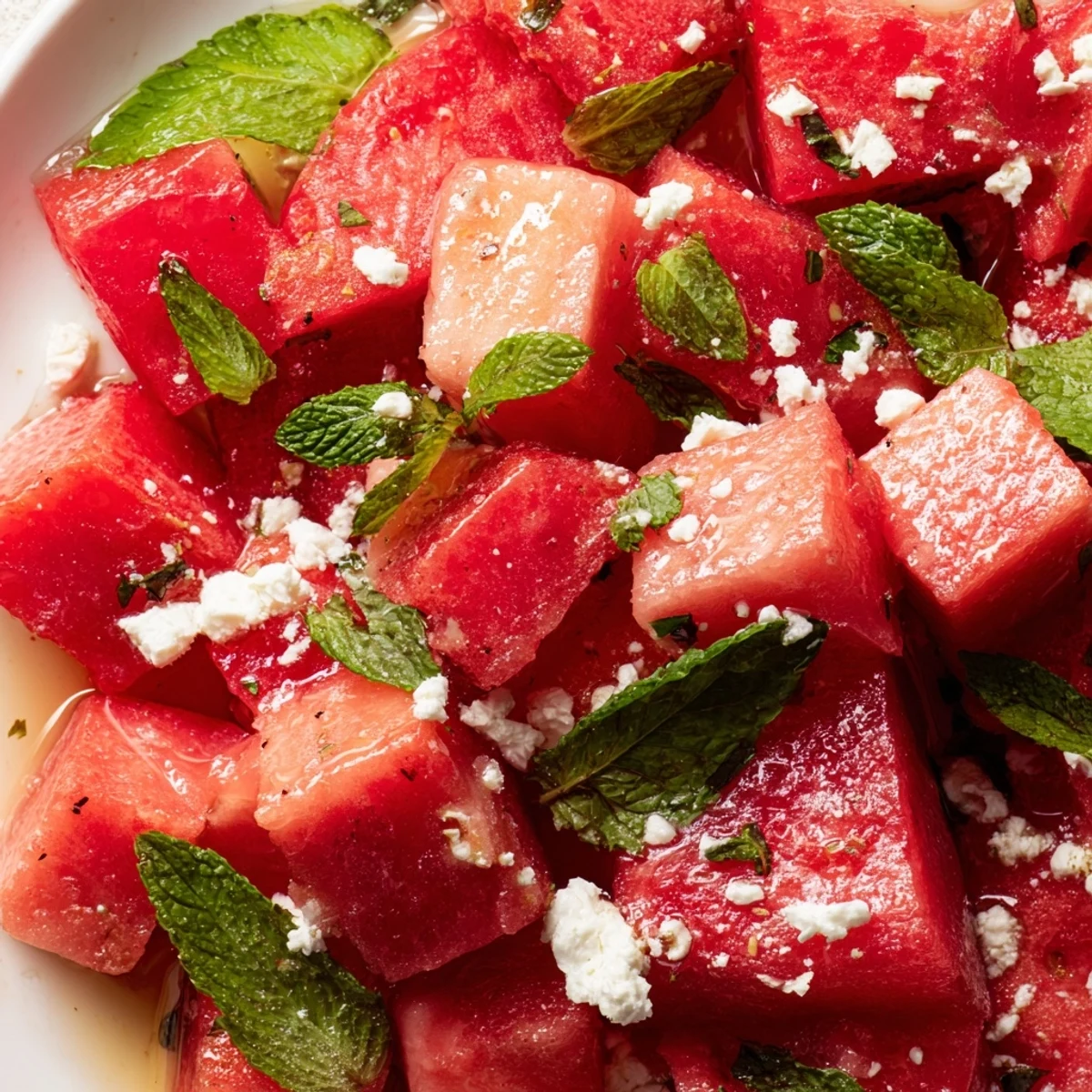 Fresh strawberry watermelon salad drizzled with honey lime vinaigrette and topped with mint leaves in a white bowl