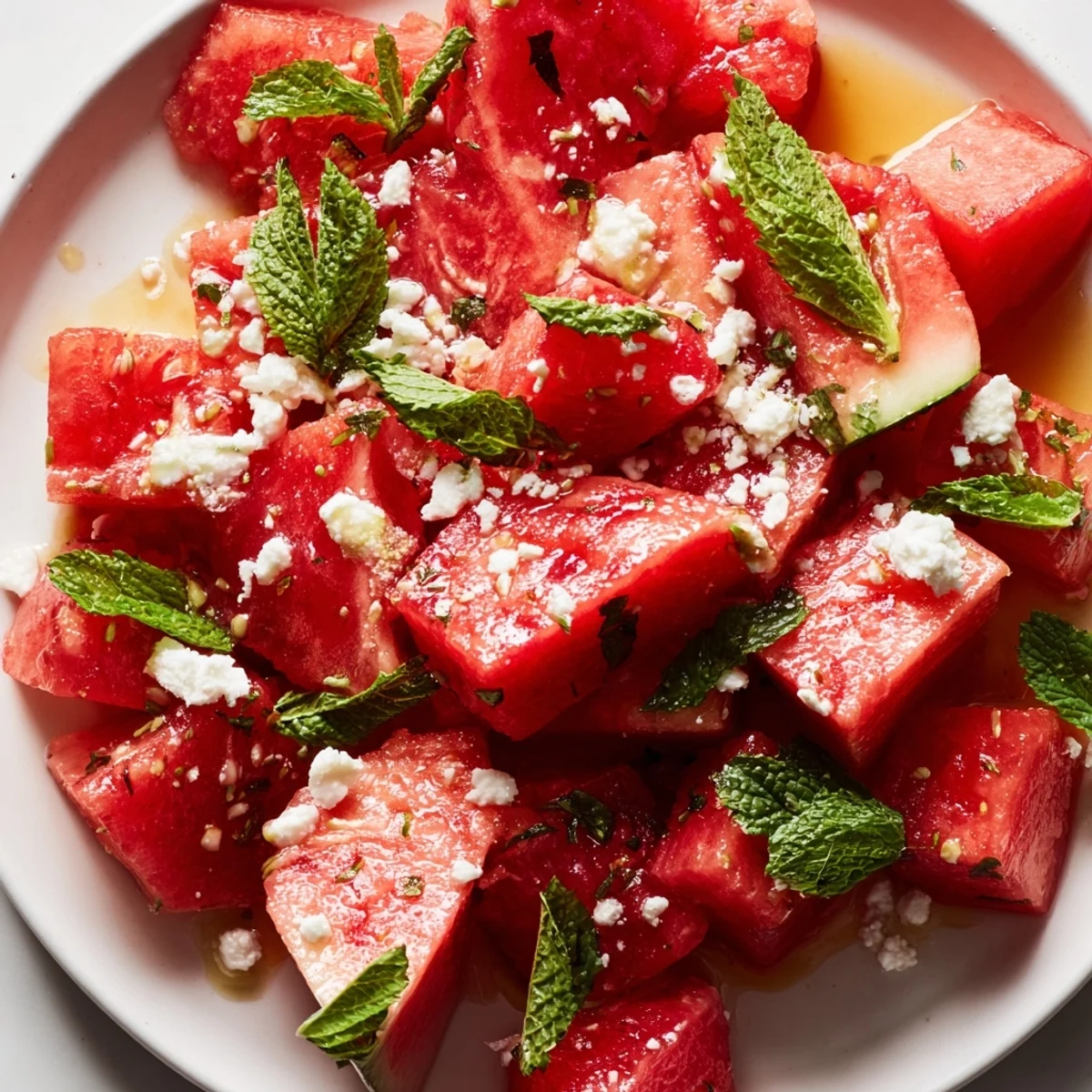 Vibrant bowl of strawberry watermelon salad with glistening honey lime vinaigrette and fresh green mint garnish