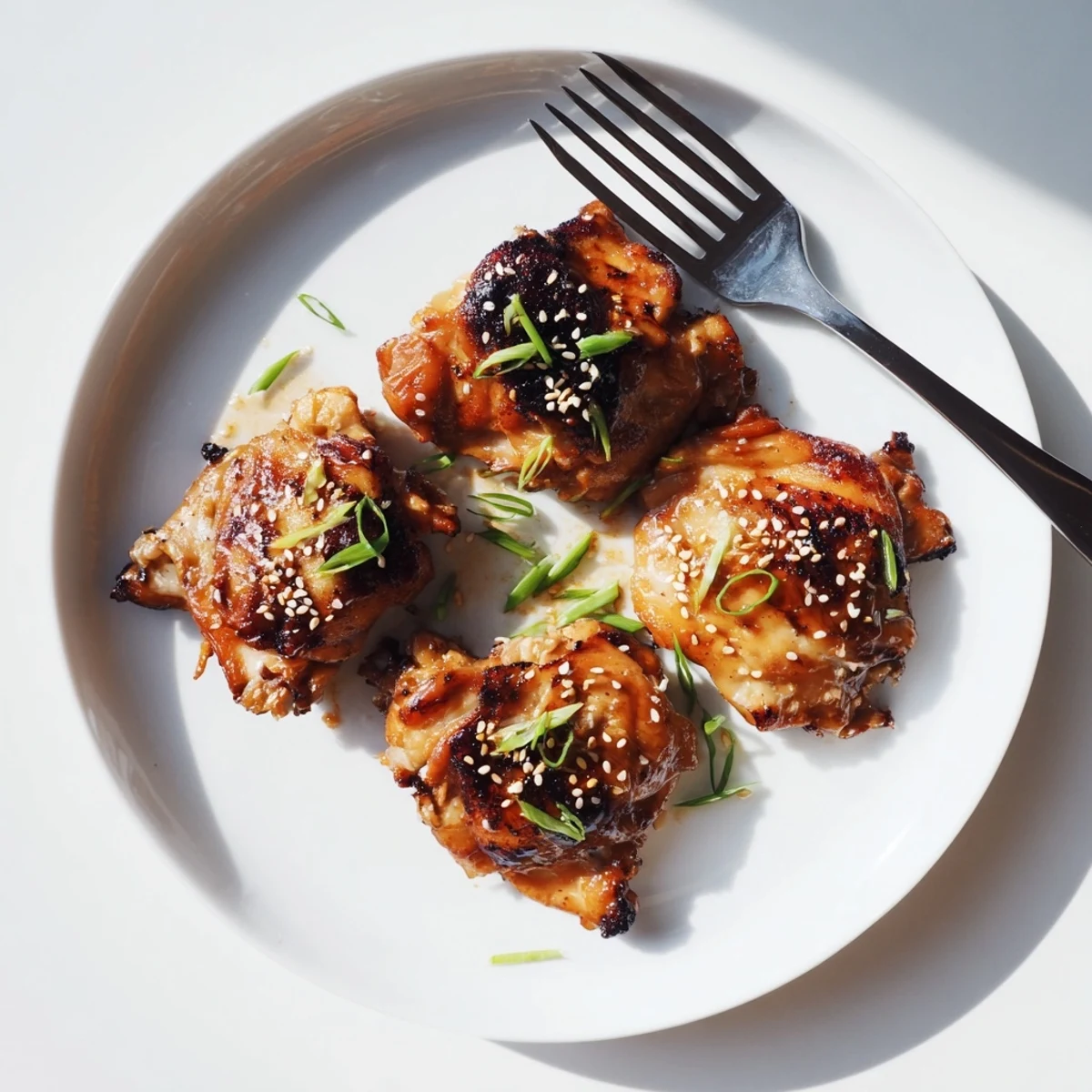 Golden roasted garlic miso chicken thighs glazed with caramelized edges and garnished with fresh spring onions and sesame seeds