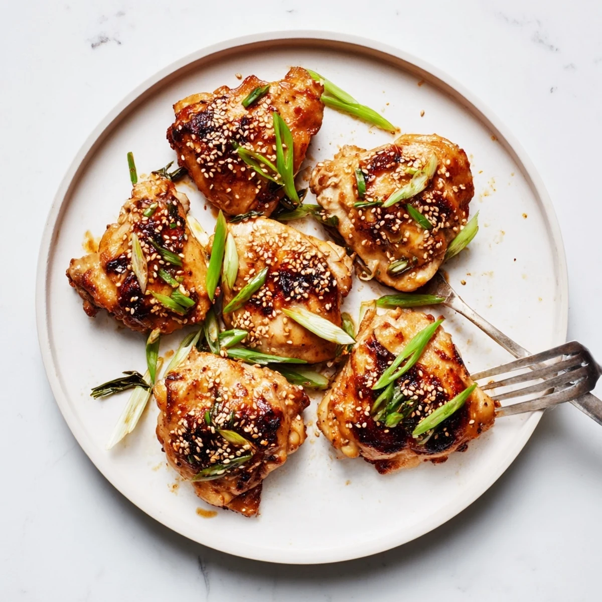 Juicy oven-baked garlic miso chicken pieces arranged on a white serving platter with a light savory miso glaze