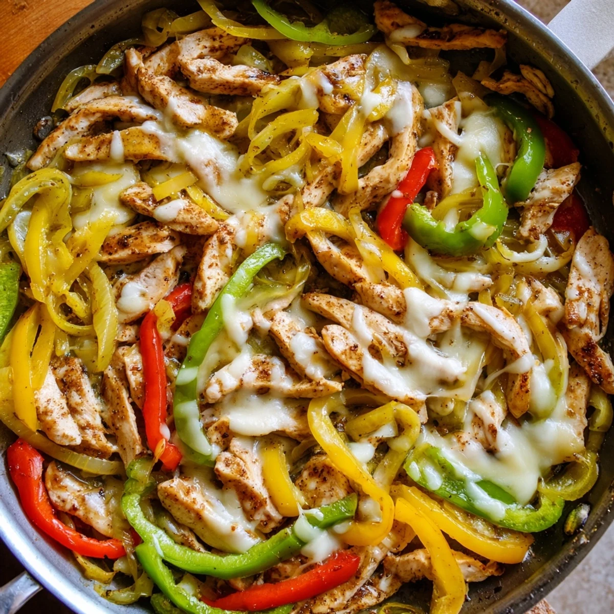Golden chicken cheesesteak skillet topped with melted provolone cheese and colorful sautéed peppers