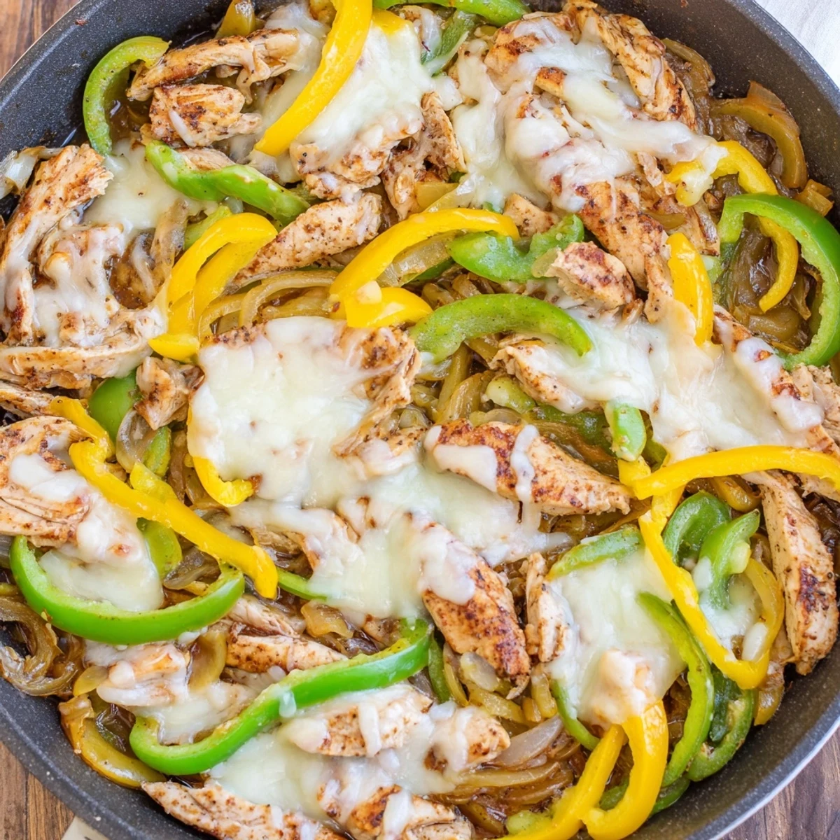 One-pan chicken cheesesteak skillet featuring caramelized onions and gooey melted provolone cheese slices