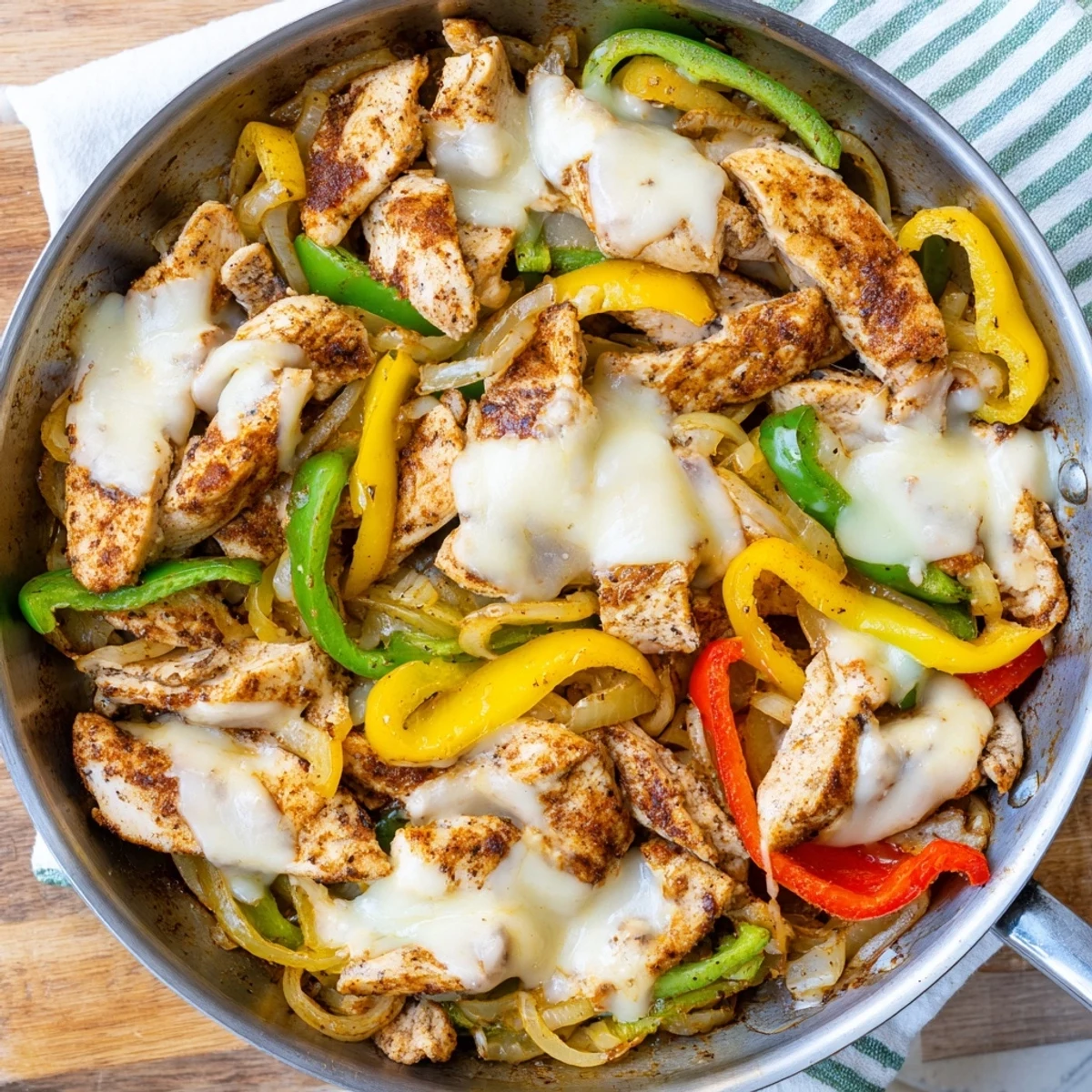 Savory chicken cheesesteak skillet with tender sliced meat and melted cheese over vegetables