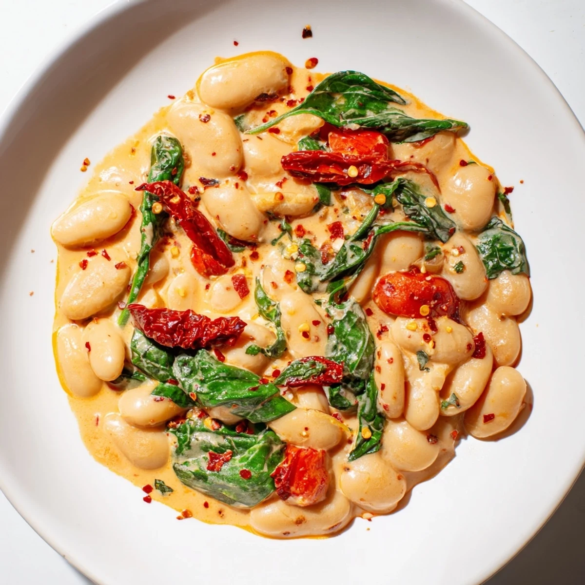 Creamy Greek yogurt marry me butter beans in rich tomato sauce with fresh basil garnish