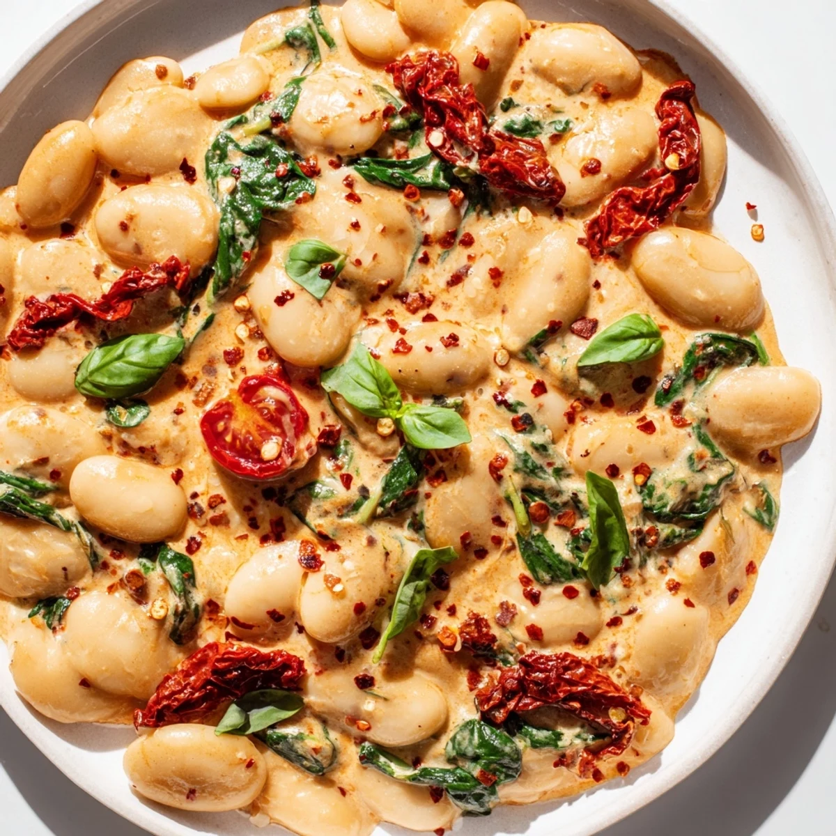 Vibrant Mediterranean butter beans swimming in luscious Greek yogurt tomato sauce topped with herbs