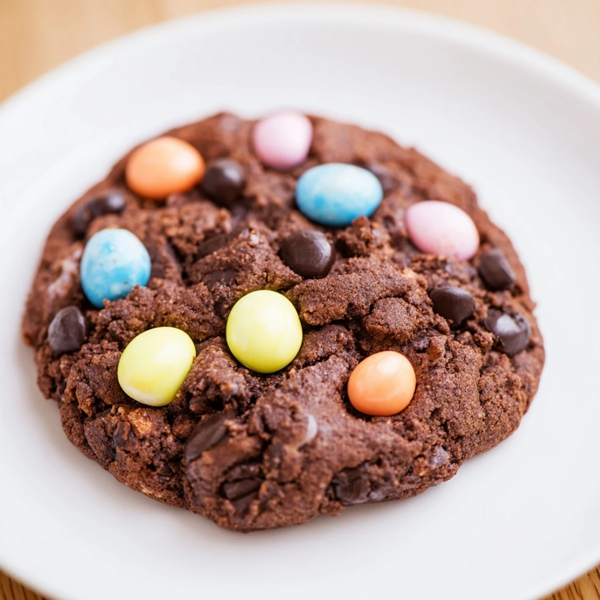 Soft chocolate chip Easter cookies topped with colorful candy eggs on a white plate