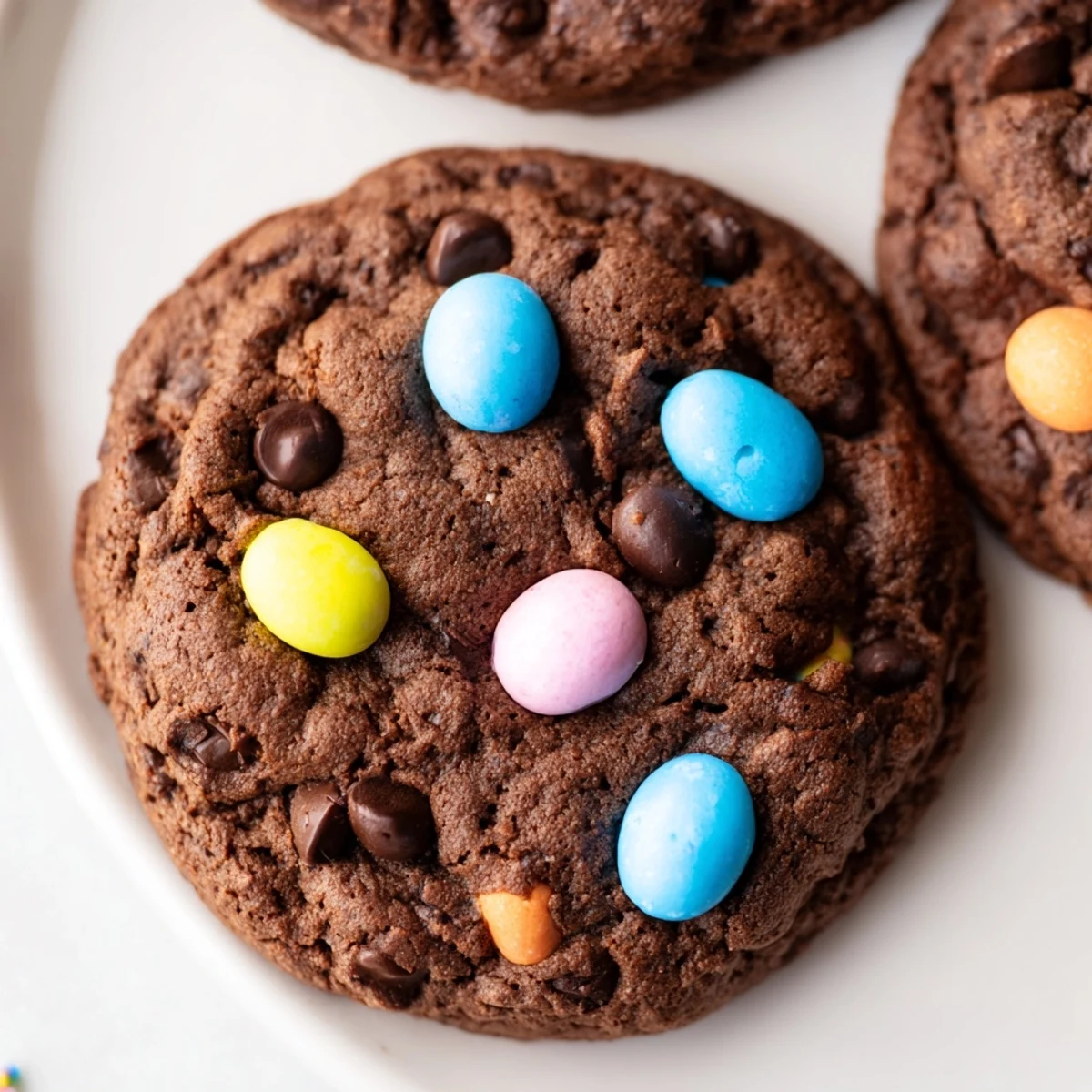 Freshly baked Easter Chocolate Cookies scattered with chopped candy eggs and whole mini egg toppings