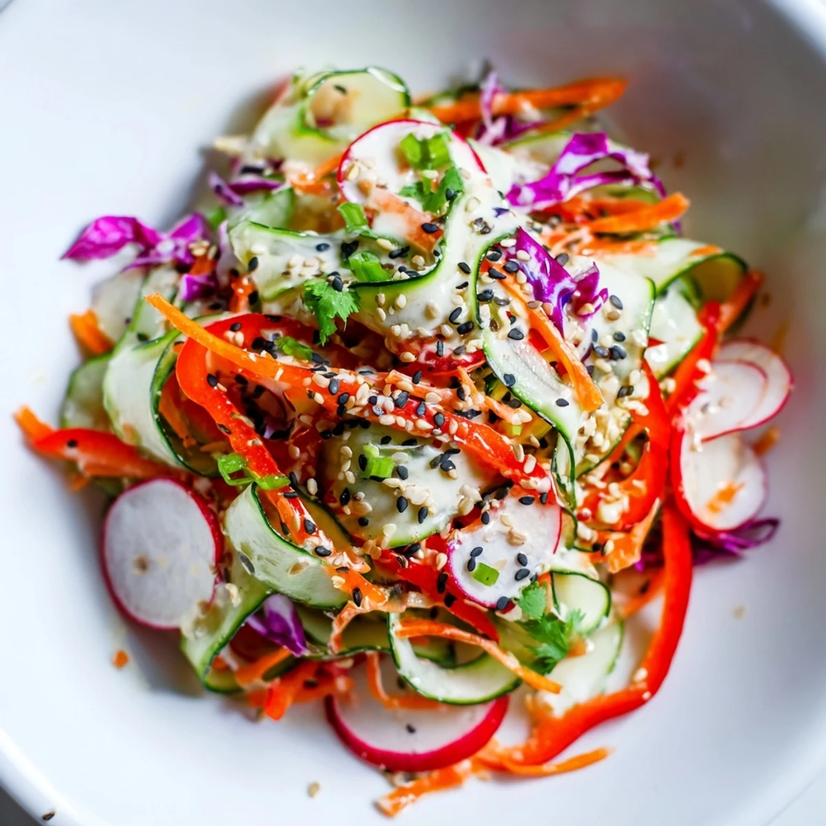 Colorful cucumber salad bowl featuring creamy sesame dressing over crunchy vegetables topped with sesame seeds