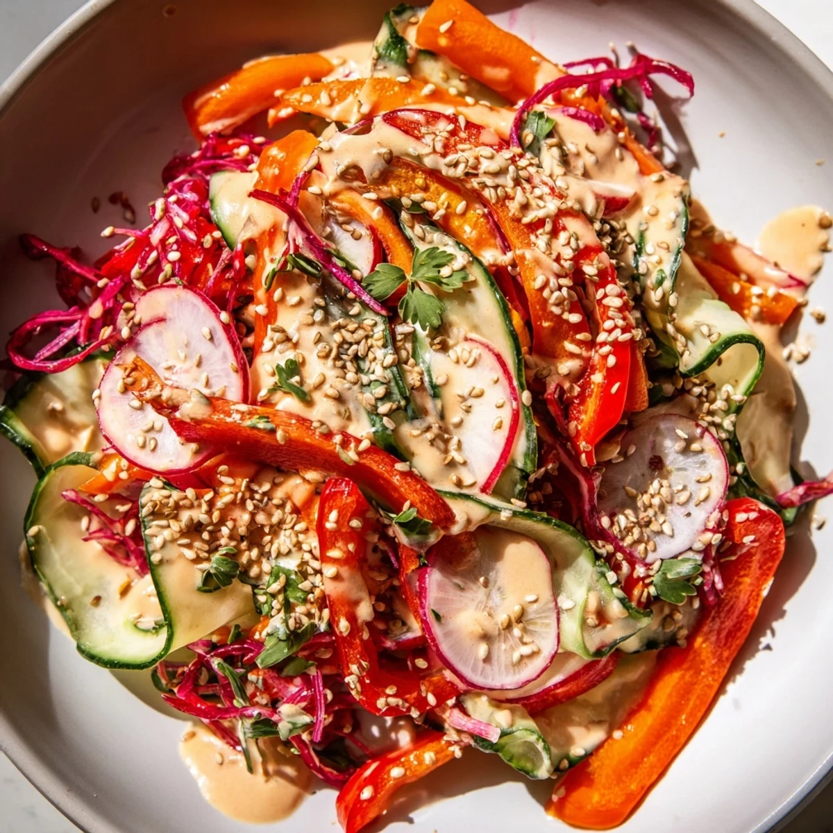 Fresh Asian cucumber salad bowl with red cabbage and bell peppers in creamy yogurt dressing