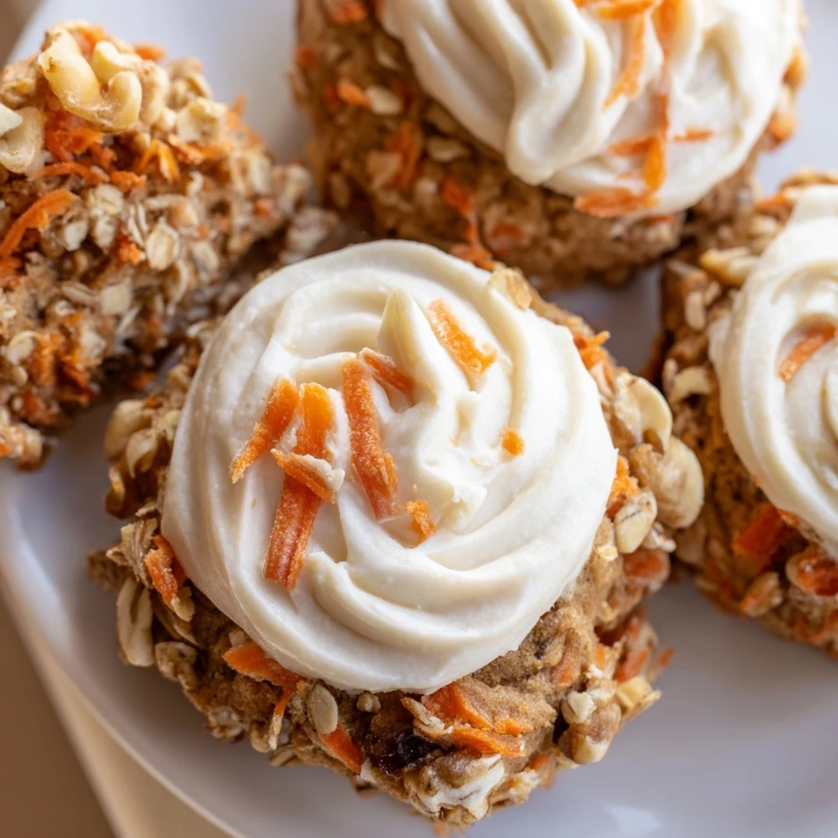 Soft carrot cake cookies topped with swirls of creamy white frosting and chopped walnuts