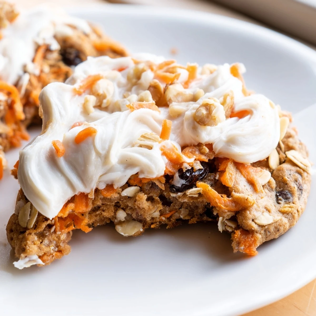 Freshly baked carrot cake cookies with shredded carrots visible under cream cheese frosting
