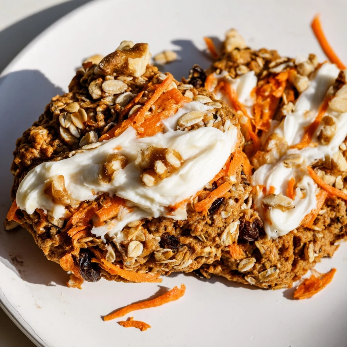 Stack of spiced carrot cake cookies drizzled with sweet frosting on a wooden board