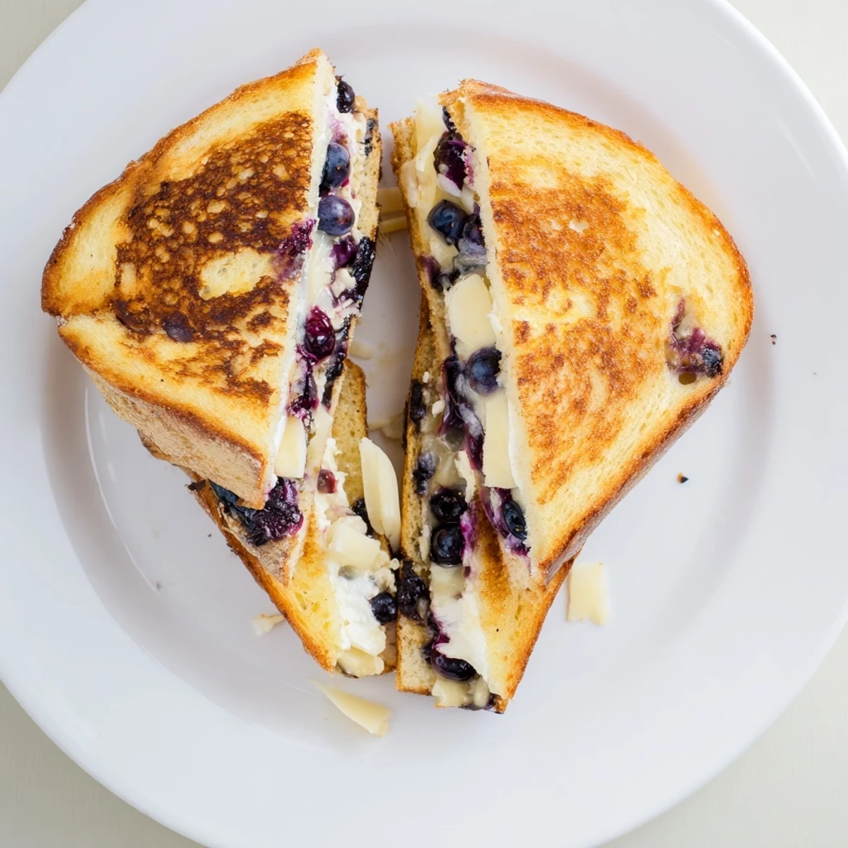 Cross section of blueberry grilled cheese revealing vibrant fruit and gooey cheese inside crispy golden brown bread