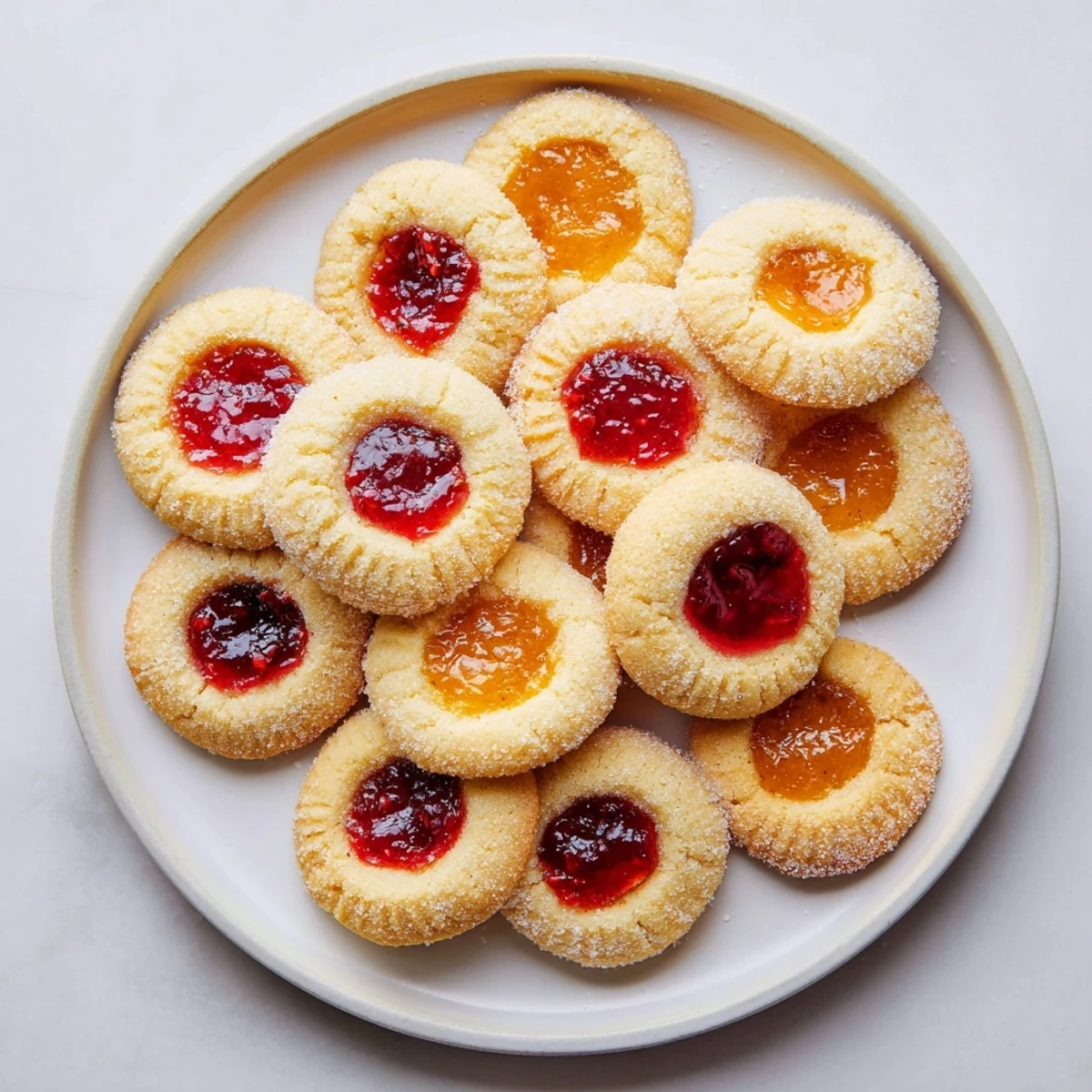 Buttery homemade thumbprint cookies with assorted fruit preserves cooling on a wire rack