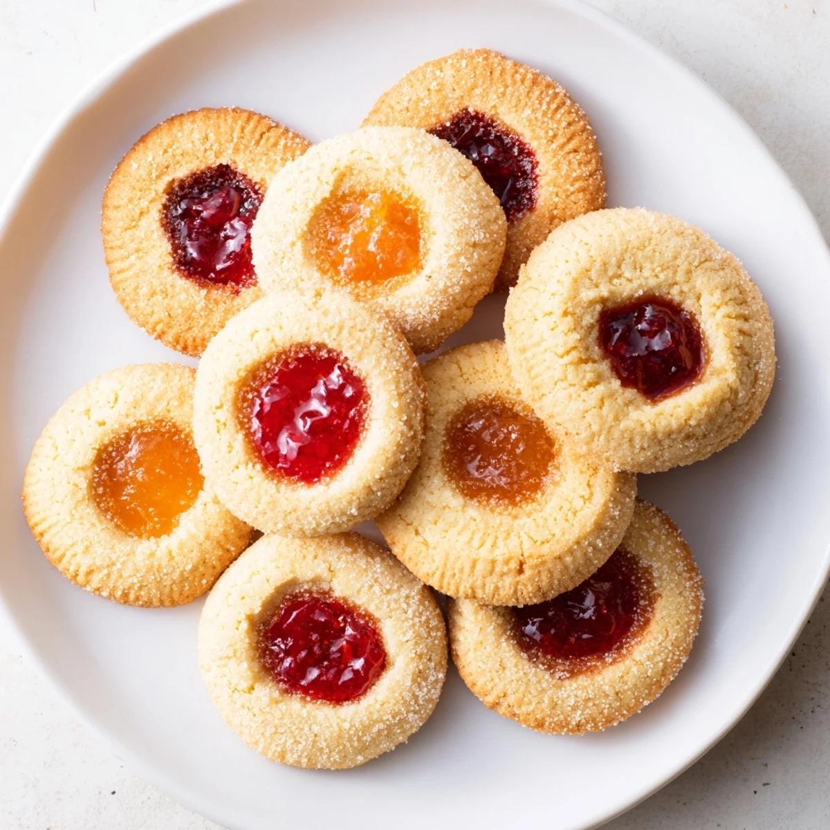 Golden fruity thumbprint cookies filled with vibrant raspberry jam on a white serving plate