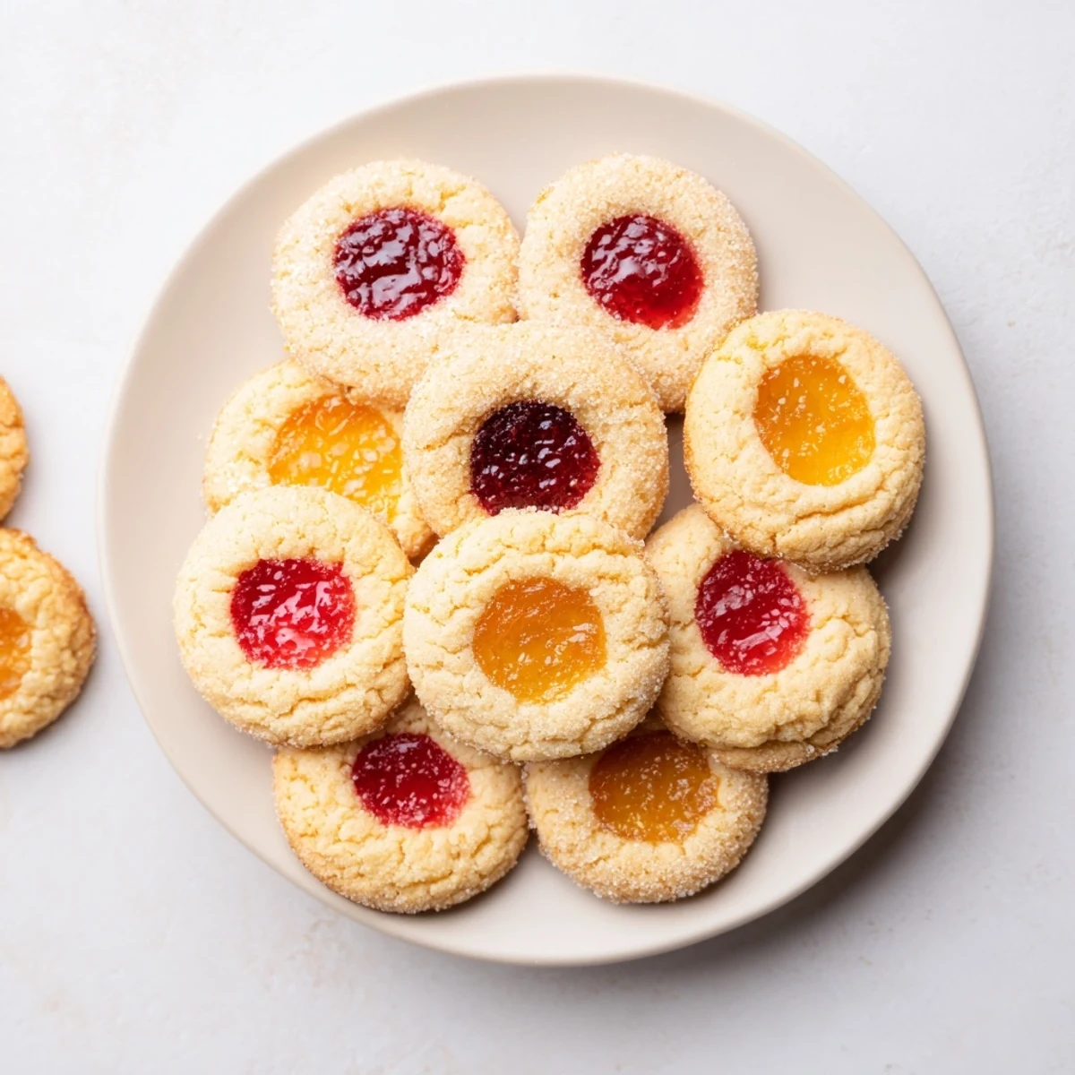 Freshly baked thumbprint cookies with colorful fruit centers arranged on a parchment-lined baking sheet