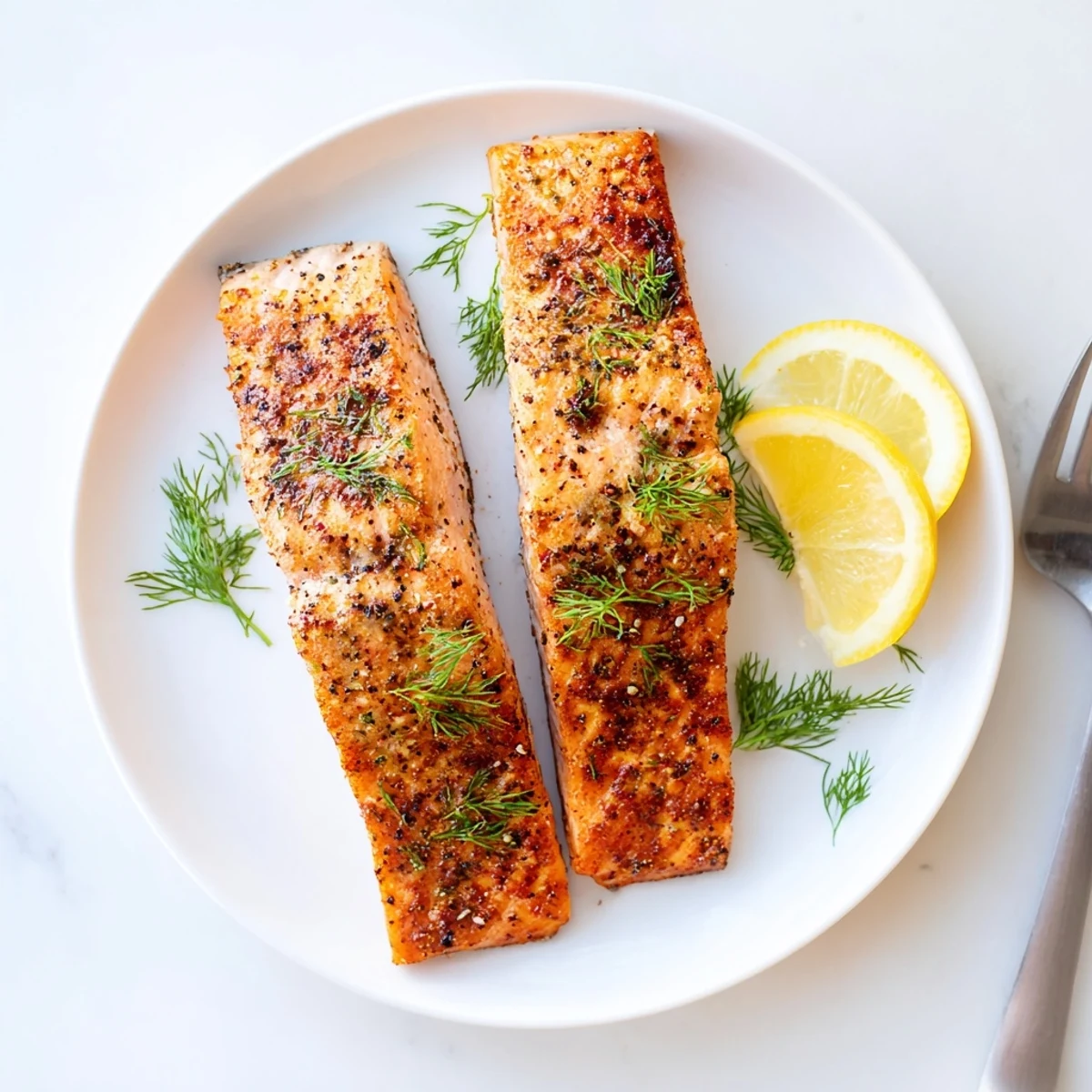 Juicy Air Fryer Salmon with smoky paprika crust served alongside bright lemon slices