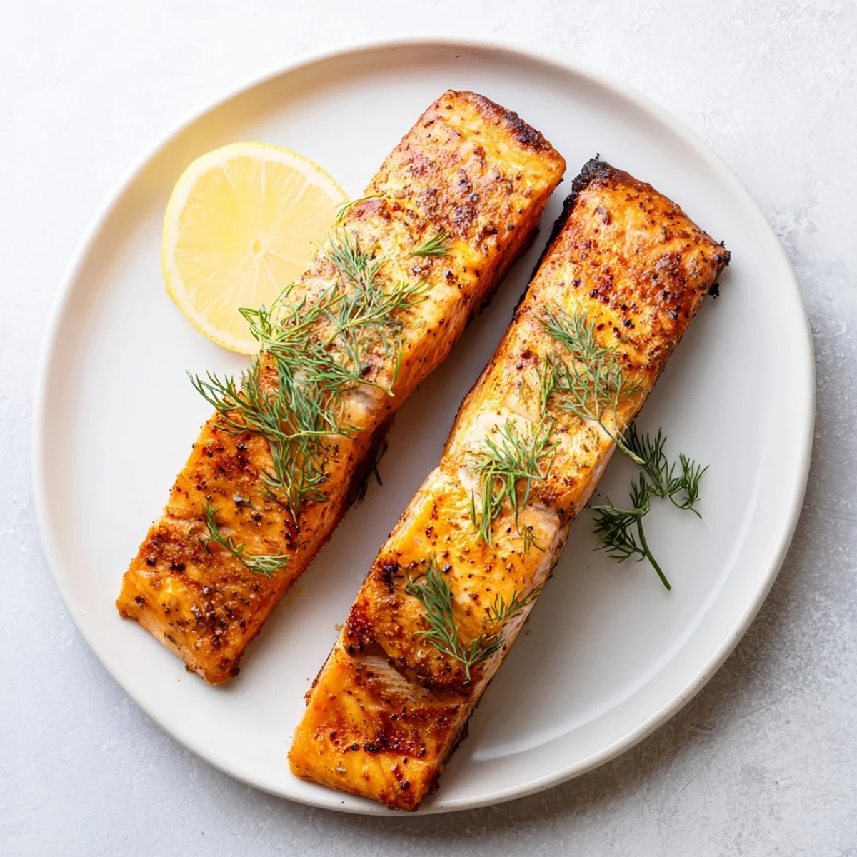 Seasoned Air Fryer Salmon fillets garnished with fresh dill and lemon wedges on white plate