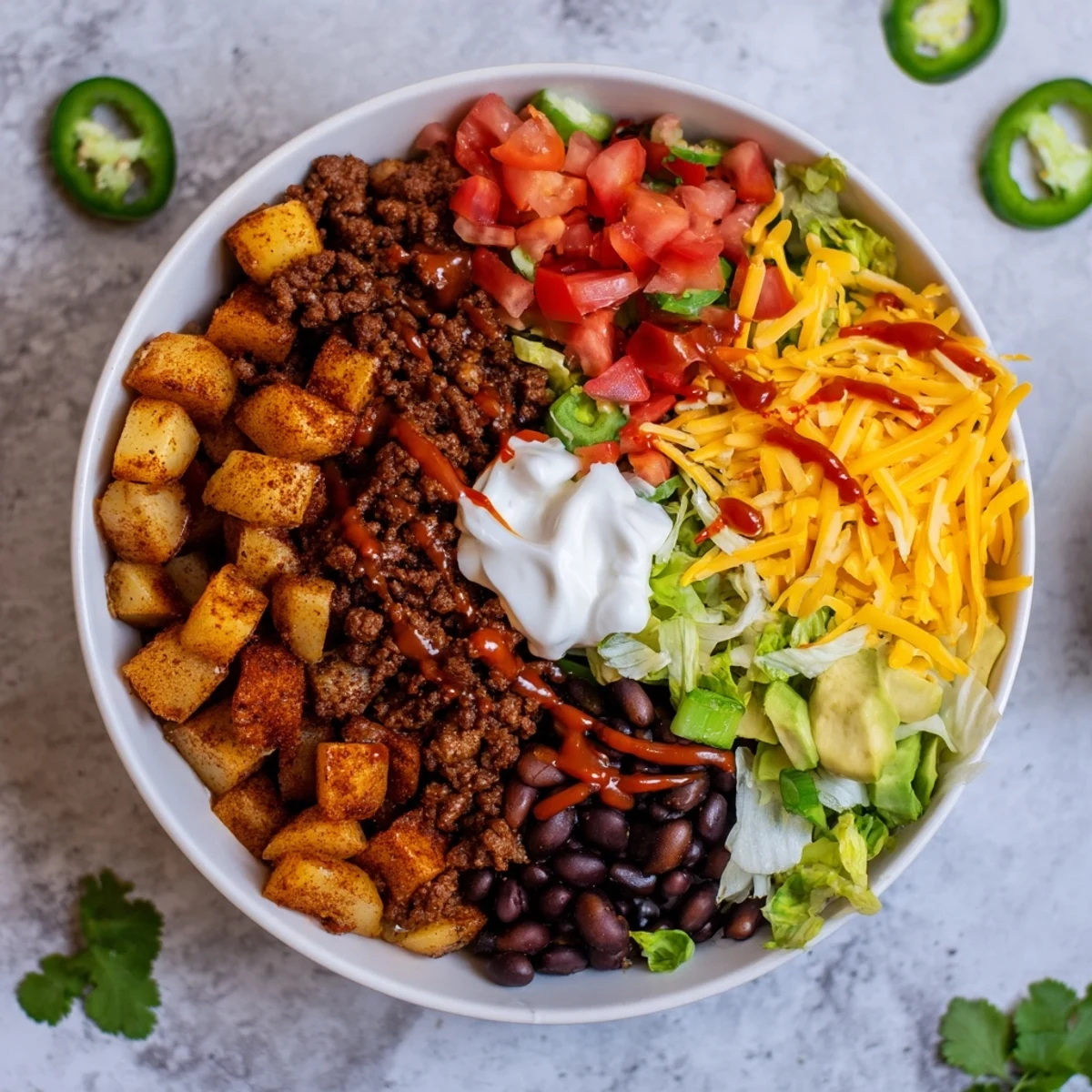 Hearty loaded potato taco bowl featuring crispy spiced potatoes, zesty ground beef, sour cream, and colorful vegetable toppings