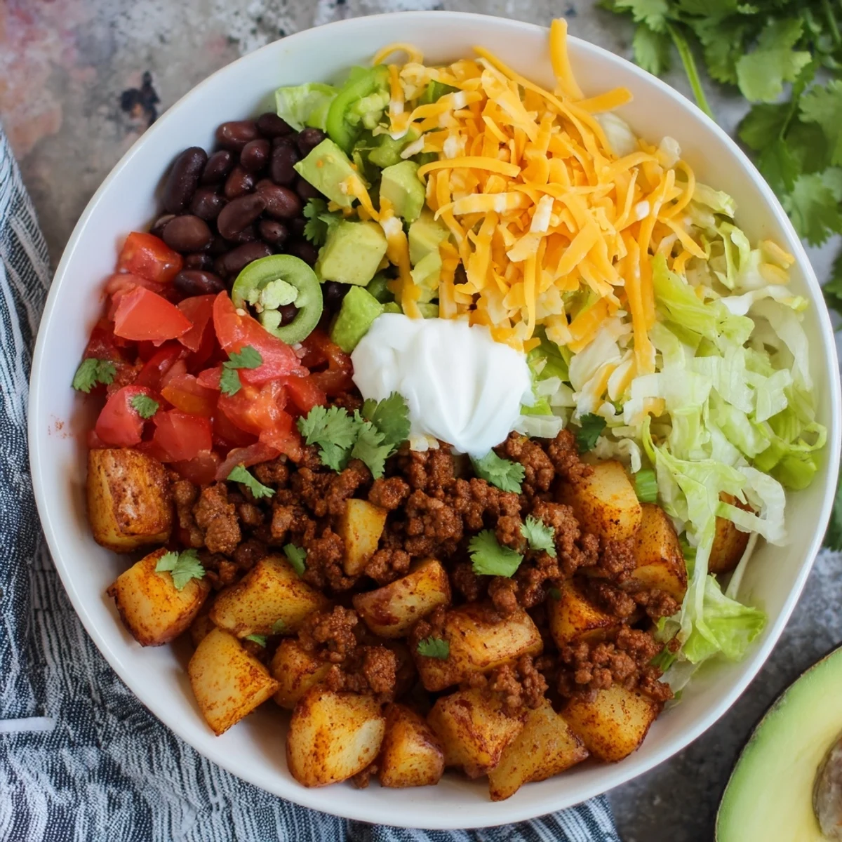 Vibrant Tex-Mex loaded potato taco bowl arranged with roasted potatoes, beef, beans, lettuce, tomatoes, and creamy guacamole garnish