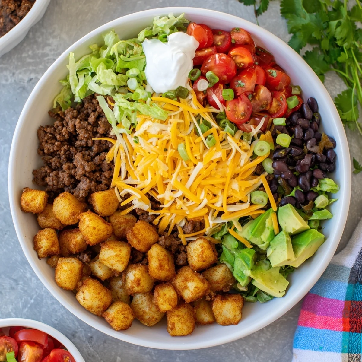 Golden roasted potatoes topped with seasoned taco meat, cheese, avocado, and fresh cilantro in a loaded potato taco bowl