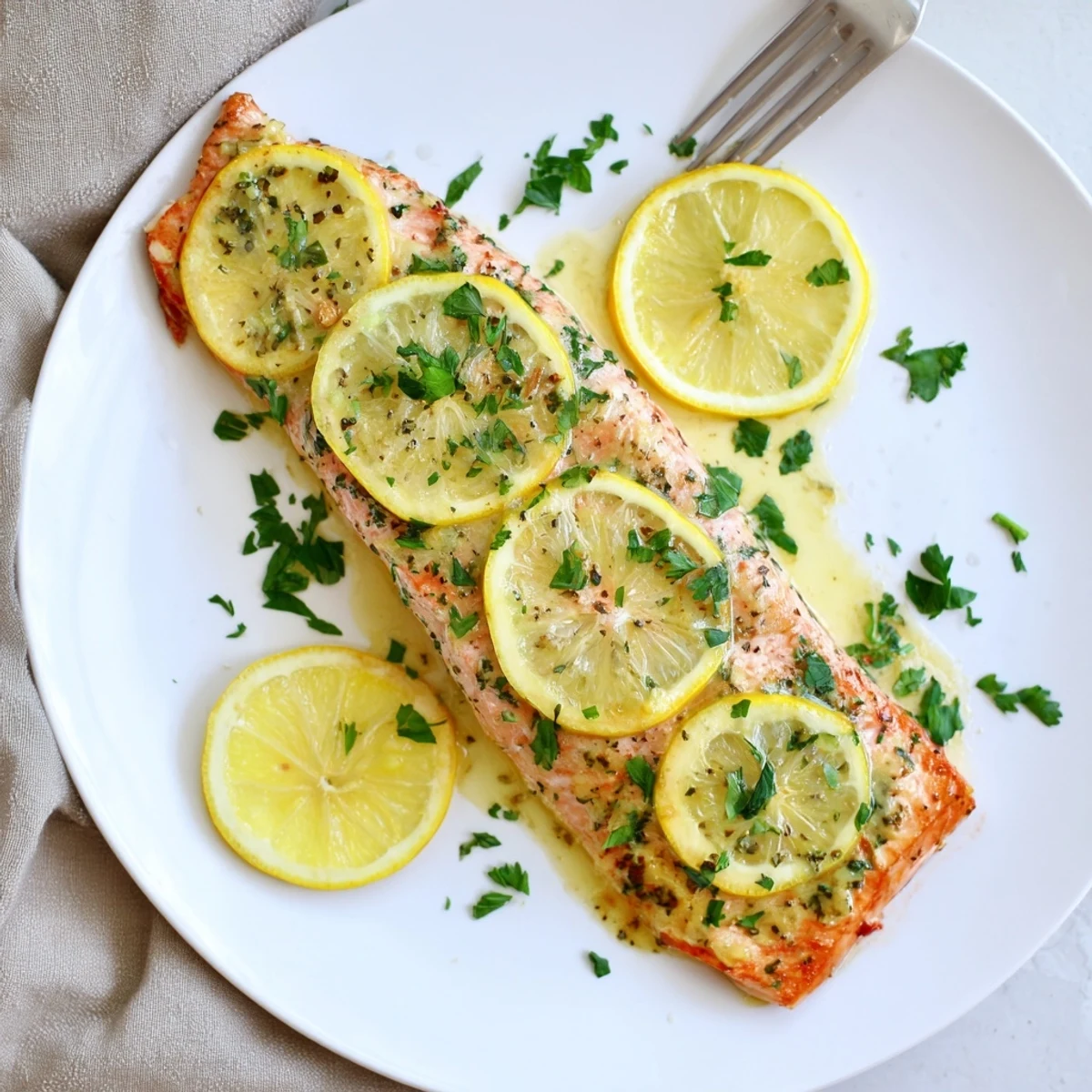 Golden baked salmon fillets glazed with lemon-garlic butter and garnished with fresh parsley
