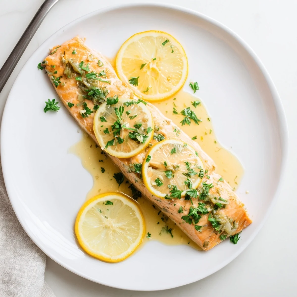 Tender oven-baked salmon with flaky texture topped with lemon slices and aromatic herbs