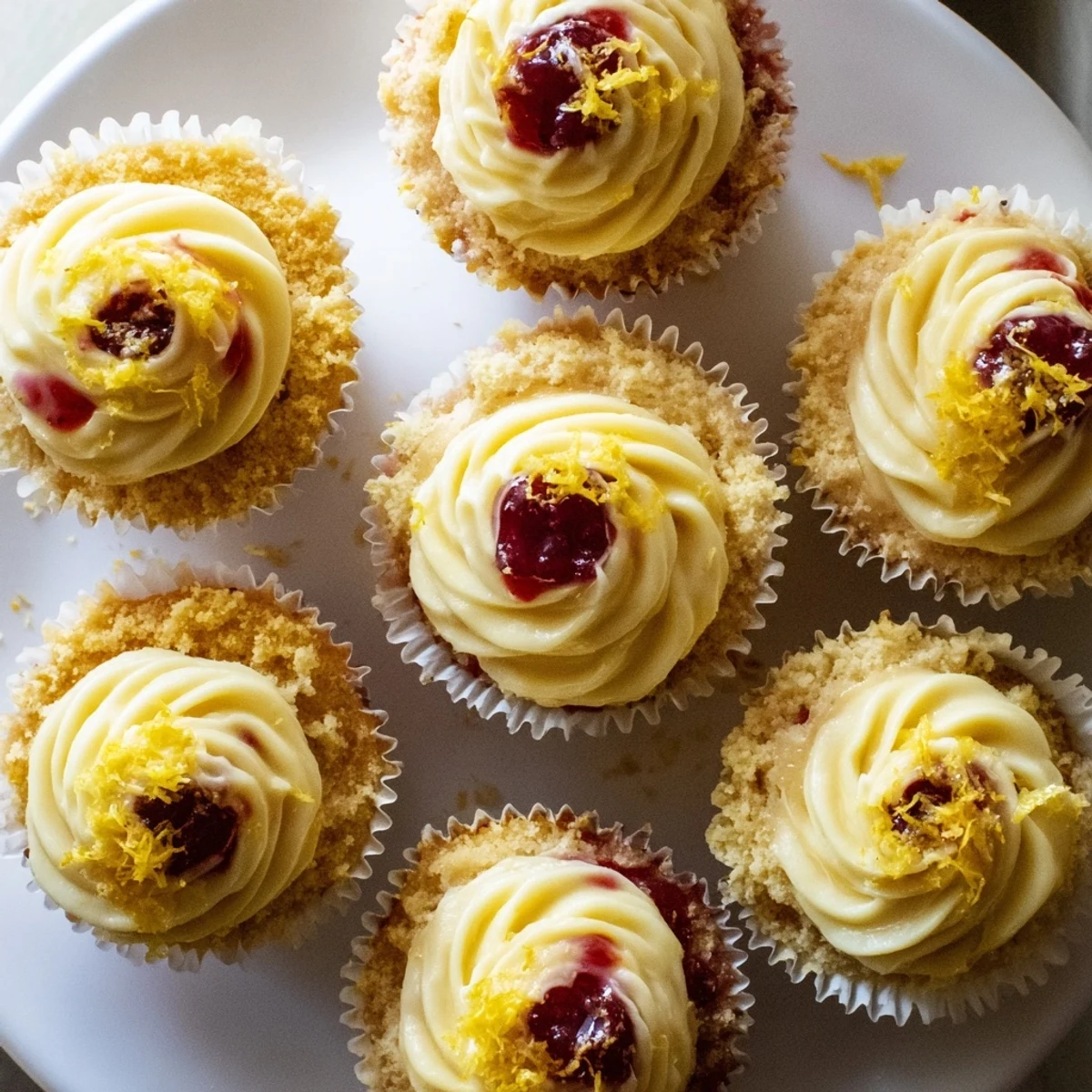 Golden moist lemon cupcakes topped with creamy buttercream and filled with tart raspberry preserves