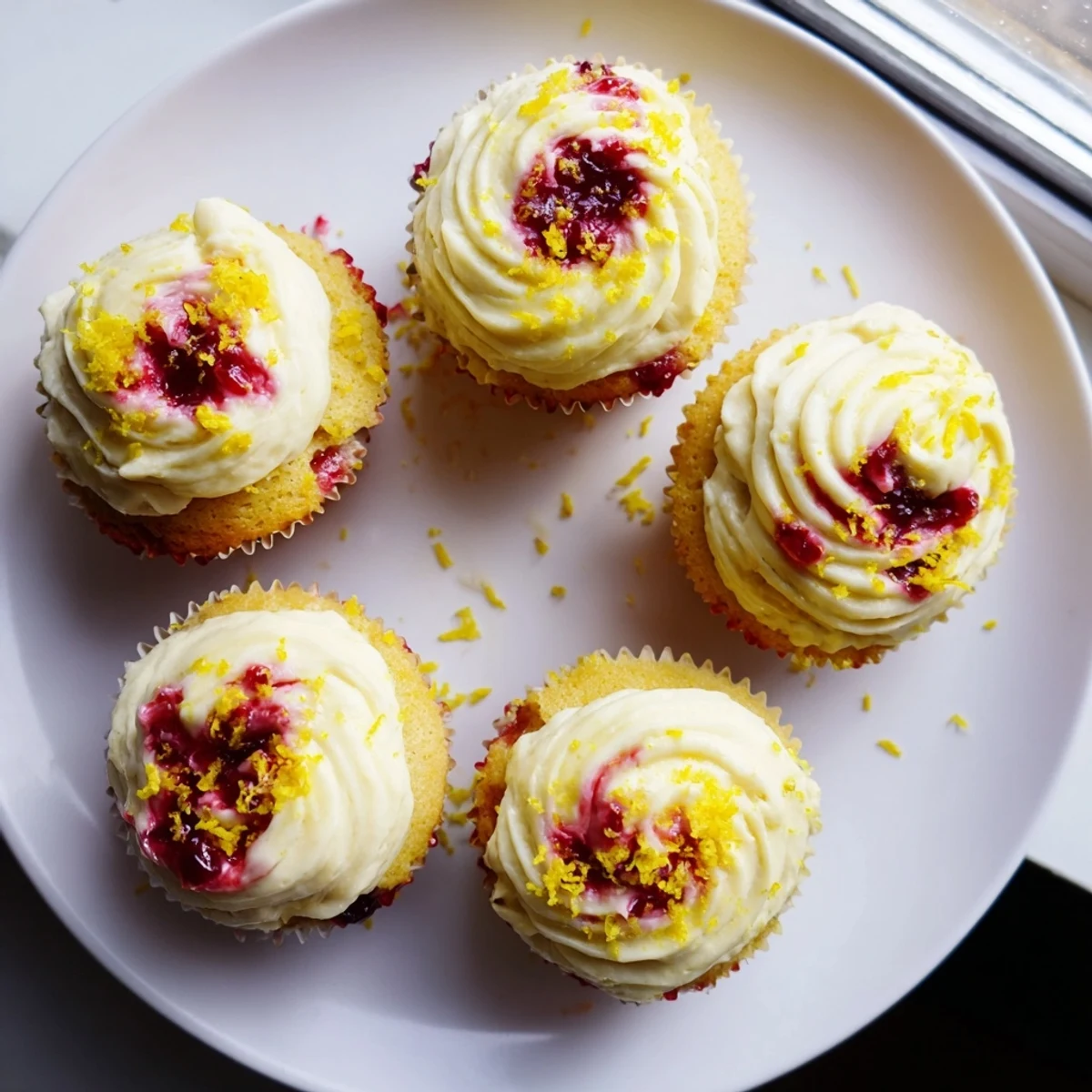 Freshly baked lemon cupcakes with tangy raspberry center and fluffy lemon frosting on white plate