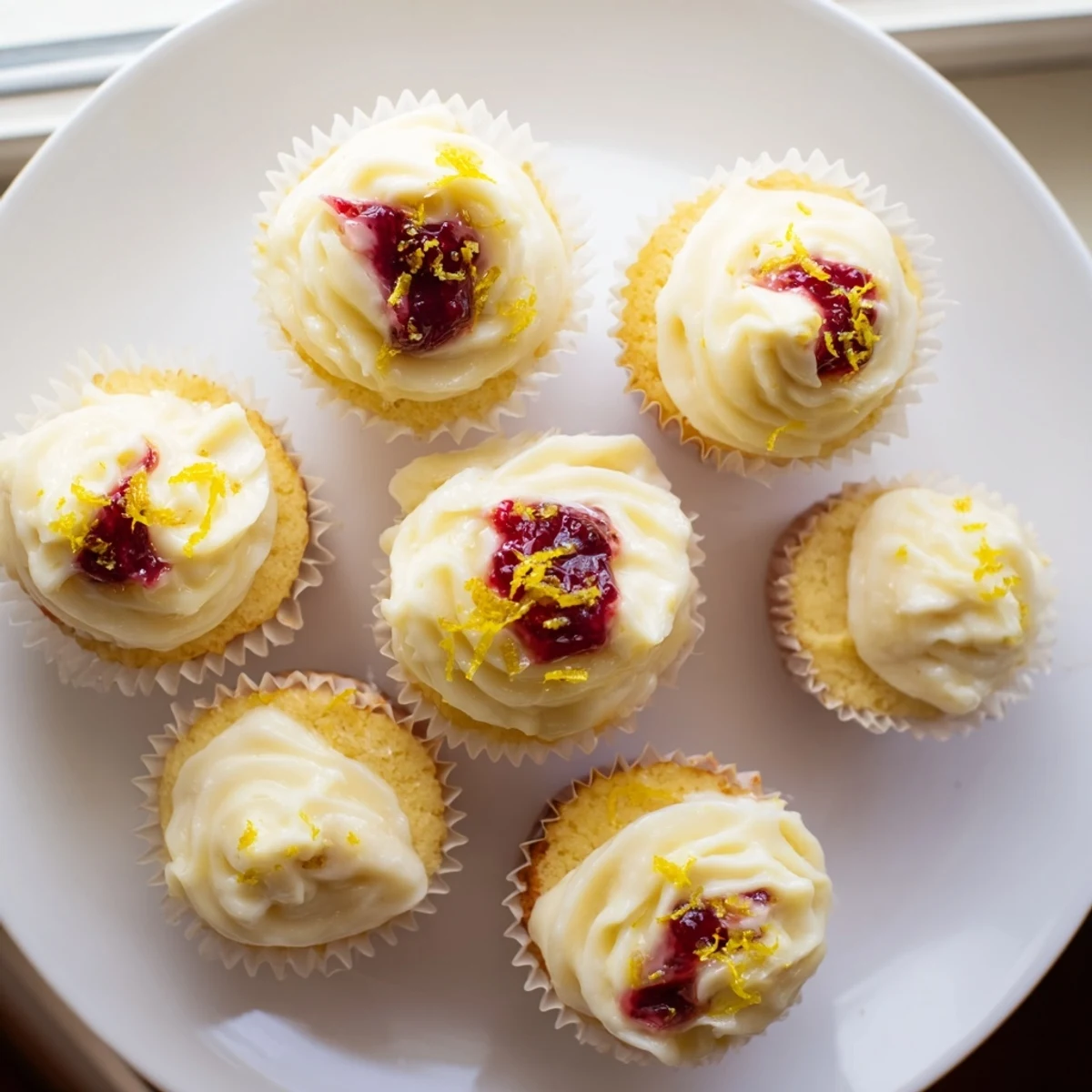 Zesty lemon cupcakes with hidden raspberry jam filling and smooth buttercream swirled on top