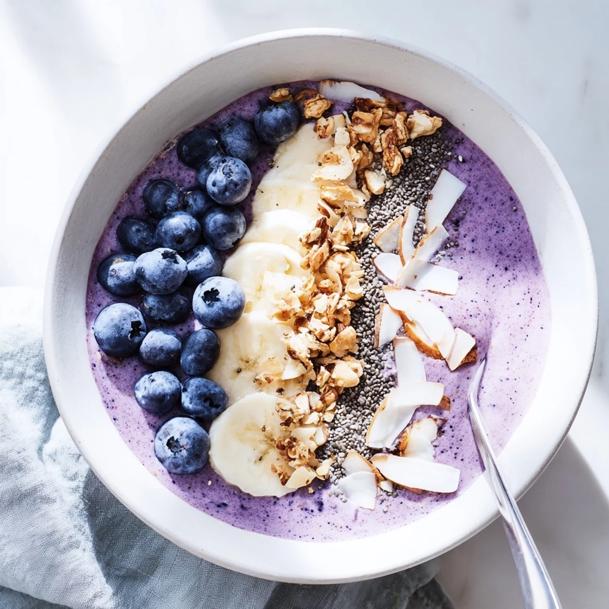 Vibrant breakfast bowl featuring blended blueberries and Greek yogurt arranged with banana slices, chia seeds, and crunchy granola
