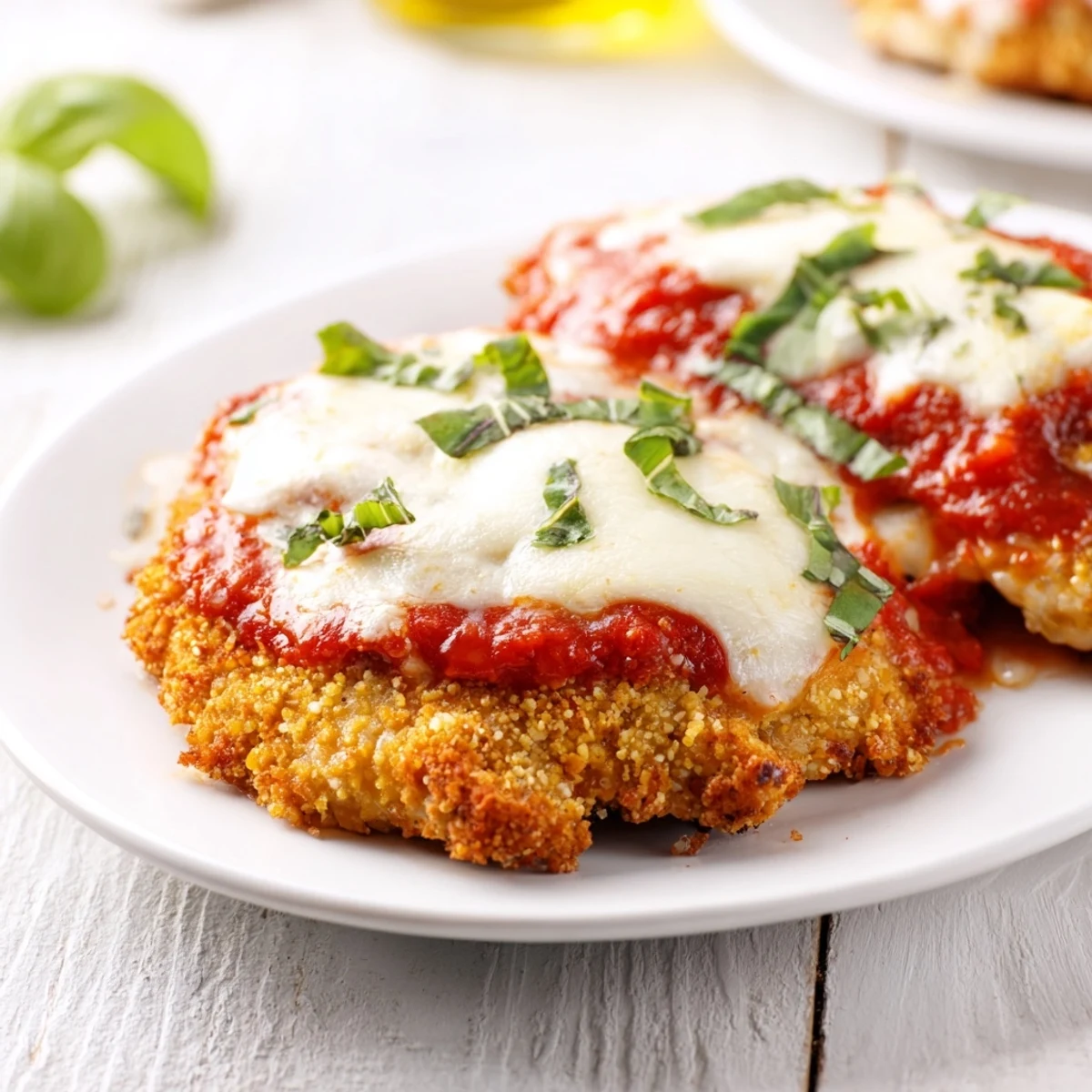 Golden low carb chicken parmigiana with bubbling melted mozzarella over rich marinara sauce