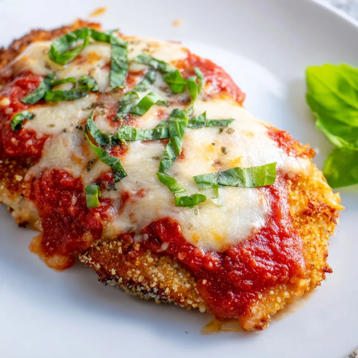 Crispy almond flour crusted chicken parmigiana topped with fresh basil and gooey cheese