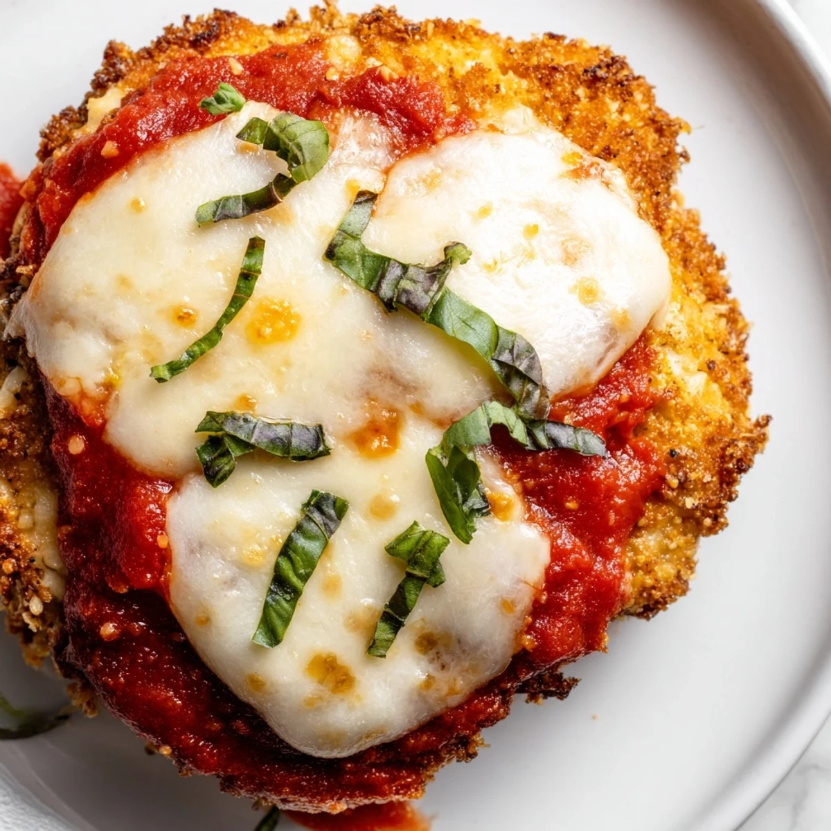 Juicy baked low carb chicken parmigiana served on a white plate with zucchini noodles