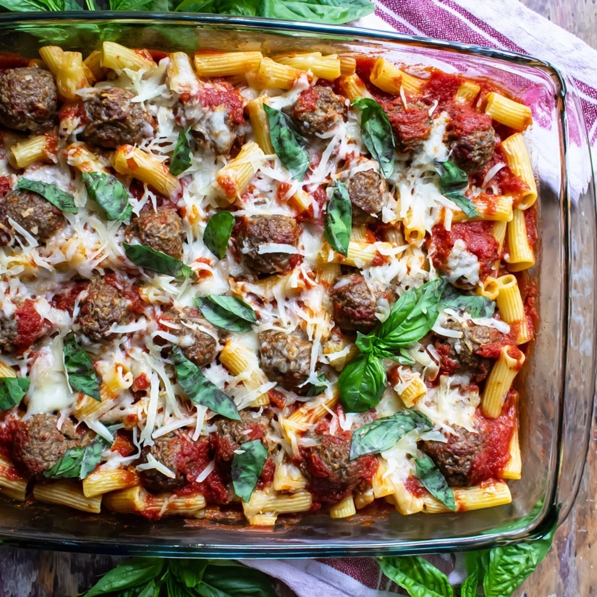 Golden mozzarella-topped Italian meatball pasta bake fresh from the oven with bubbling tomato sauce