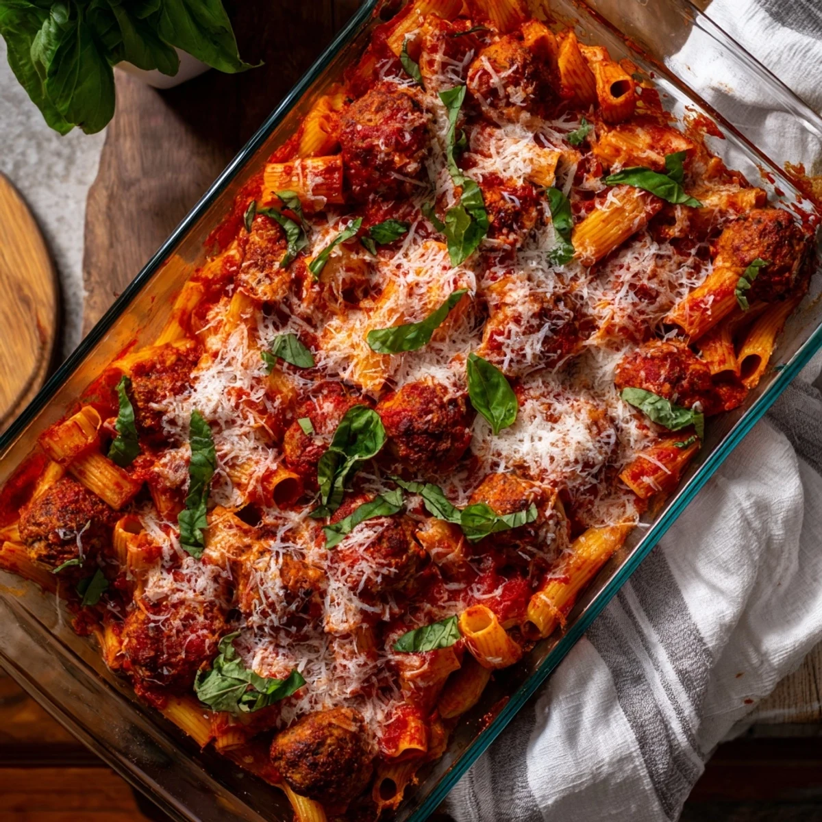 Comforting baked penne with tender Italian meatballs nestled in rich marinara and melted cheese layers