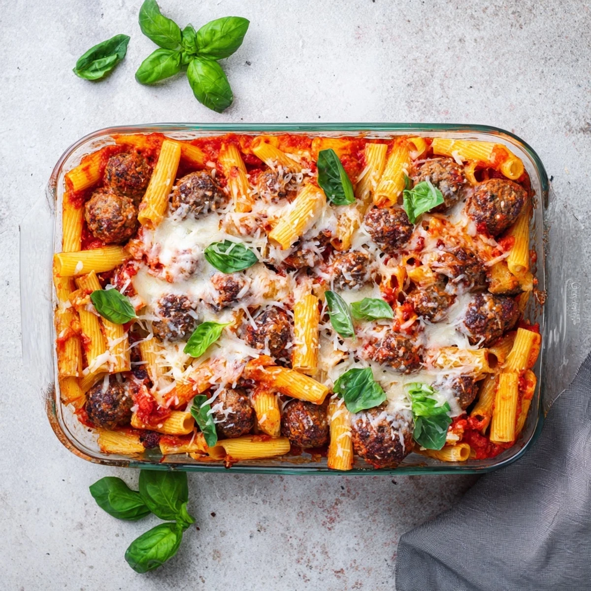 Hearty Italian meatball pasta bake casserole with al dente rigatoni and golden cheesy crust topping