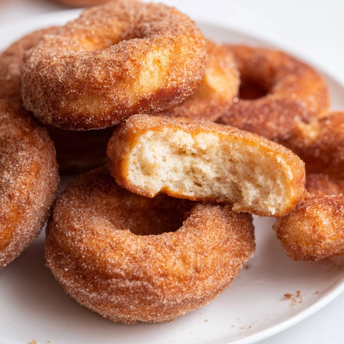 Golden pumpkin spice biscuit donuts coated in cinnamon sugar, served warm on a white plate