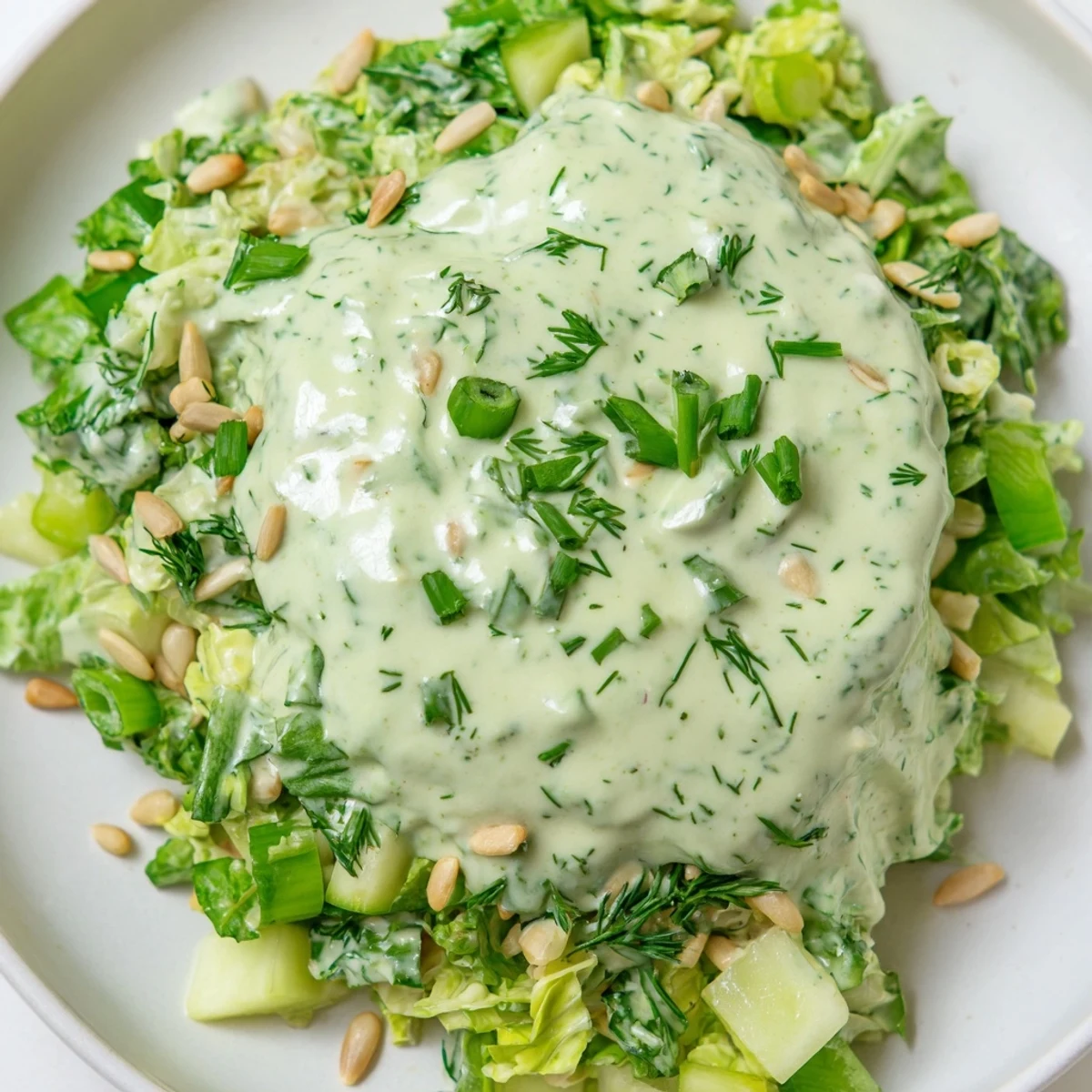 Colorful Green Goddess Salad bowl topped with creamy herby dressing and crunchy roasted seeds