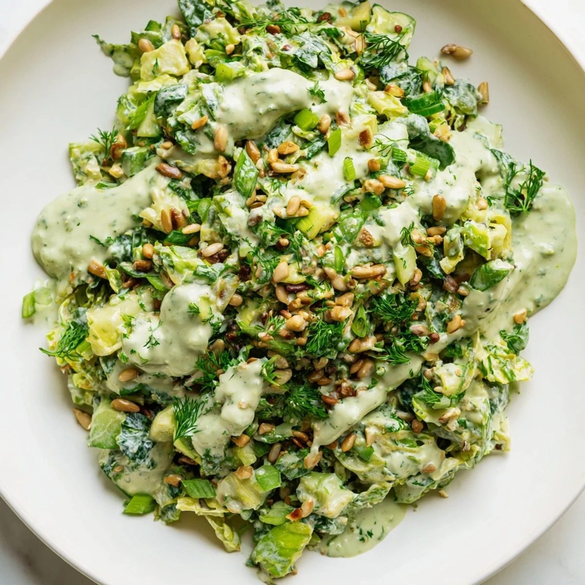 Fresh Green Goddess Salad featuring crisp mixed vegetables tossed in tangy yogurt herb dressing