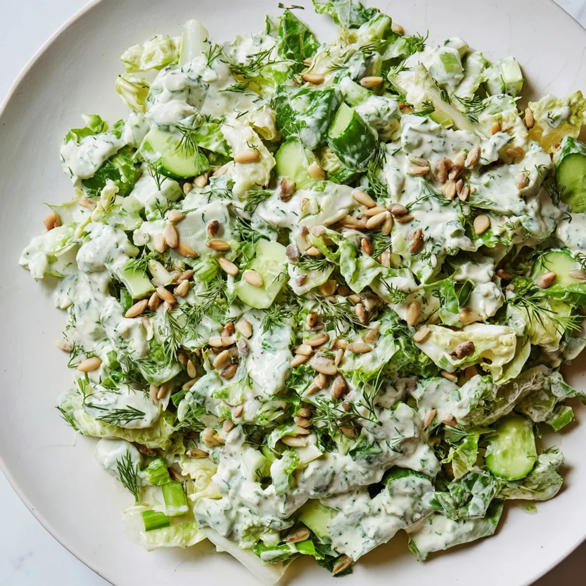 Vibrant Green Goddess Salad with chopped romaine cucumber green onions and creamy white dressing