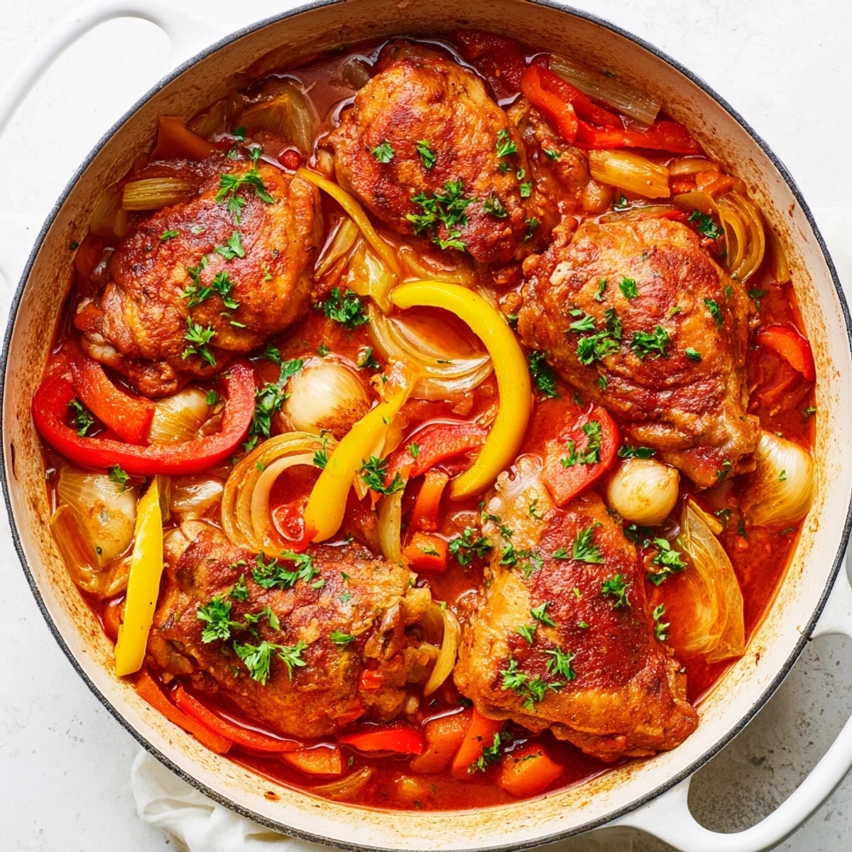 Tender braised chicken swimming in Italian tomato broth with colorful carrots celery and peppers