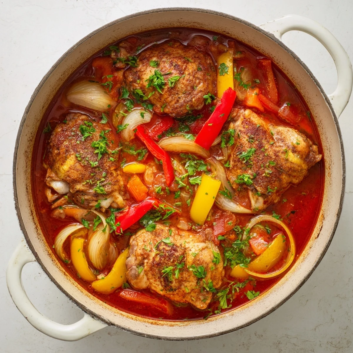 Golden brown chicken thighs nestled in a rich tomato vegetable sauce with fresh parsley garnish